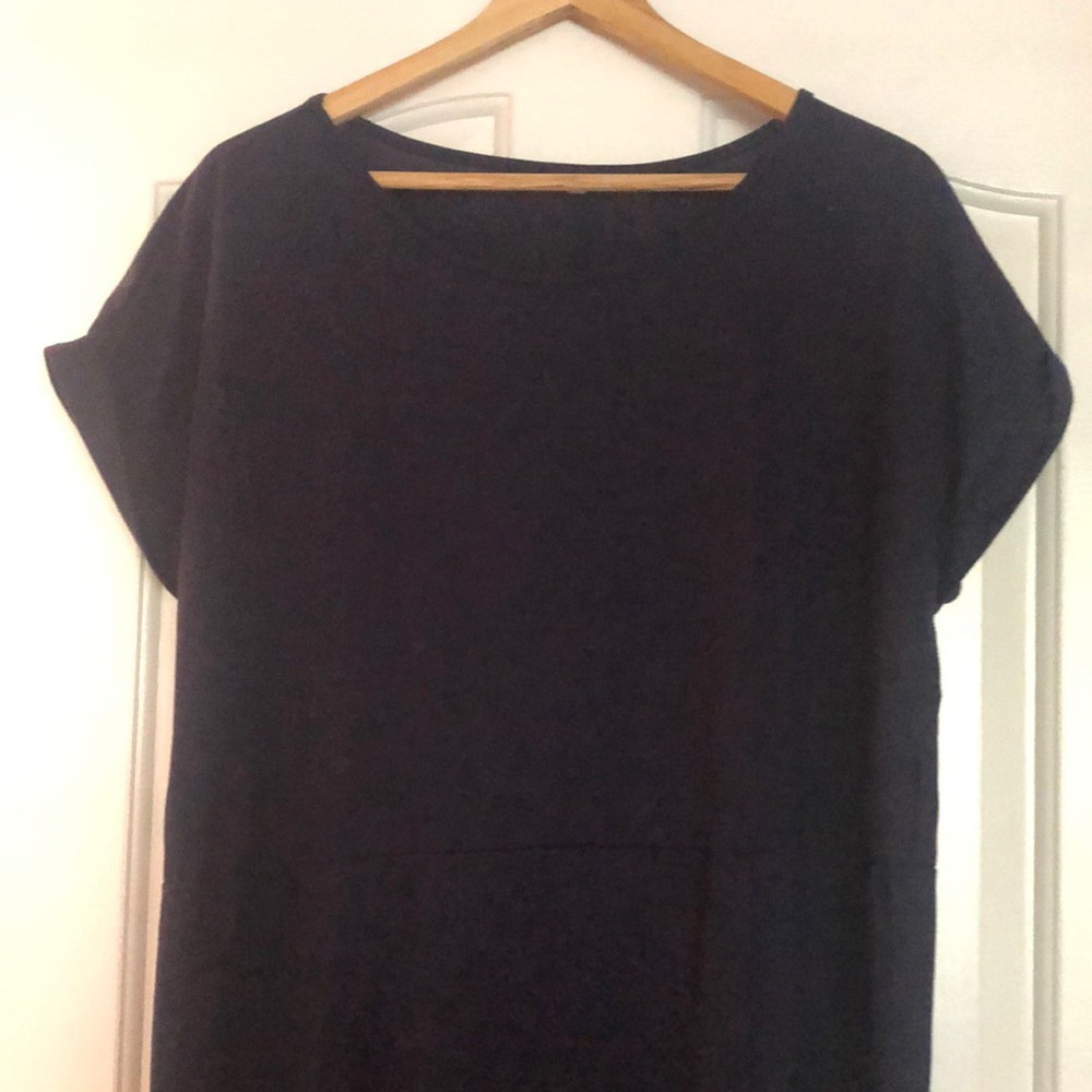Navy T-Shirt maxi dress, short sleeve with cuff, belted, centre slit